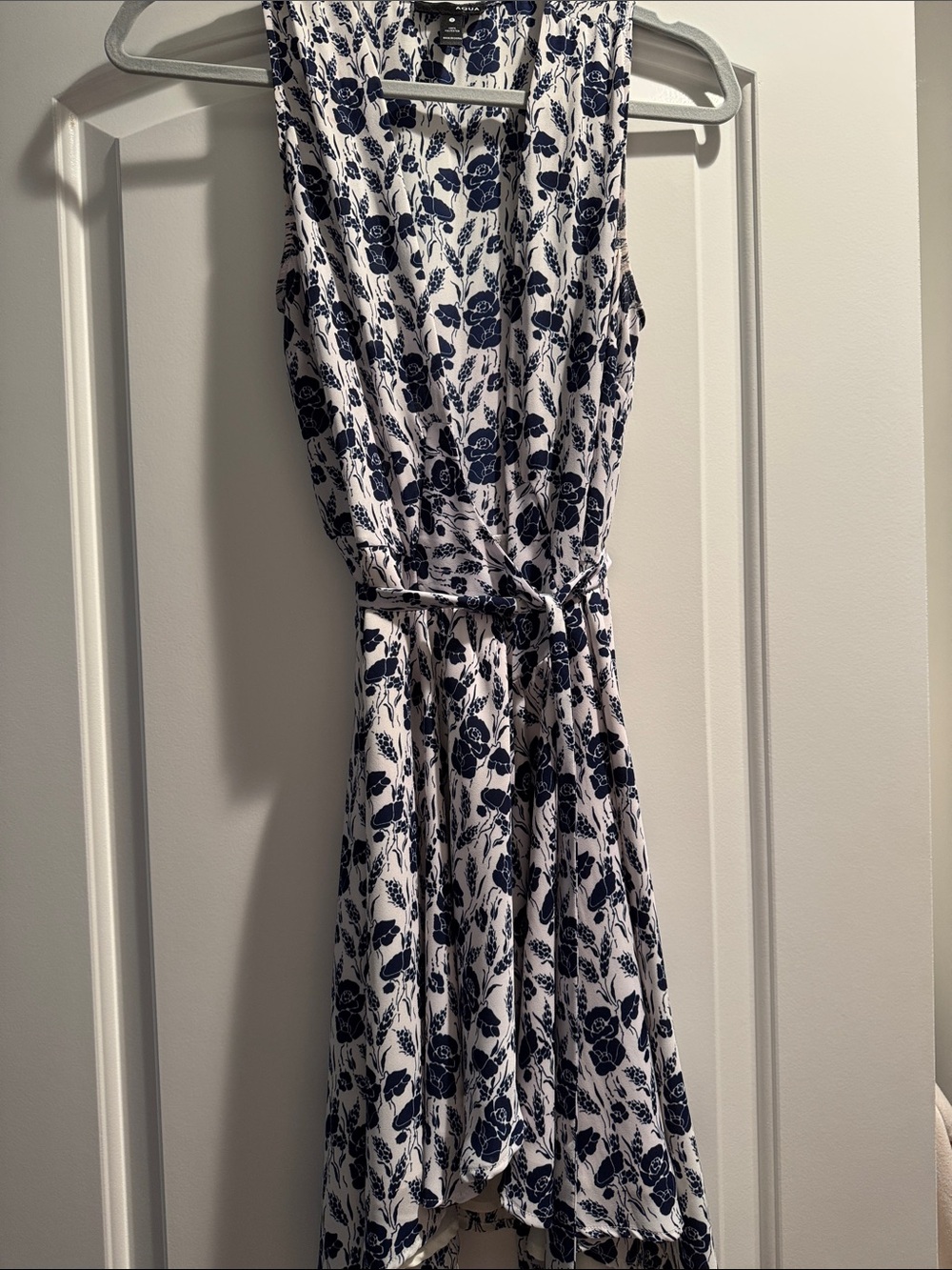 Aqua Navy and White Floral Surplice Dress